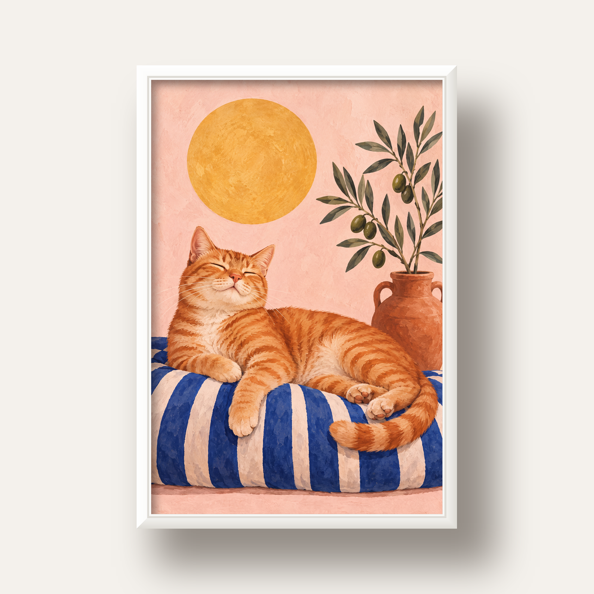 Güneşte Yatan Sarman Kedi Yağlı Boya Tarzı Poster — beyaz derin çerçeveli