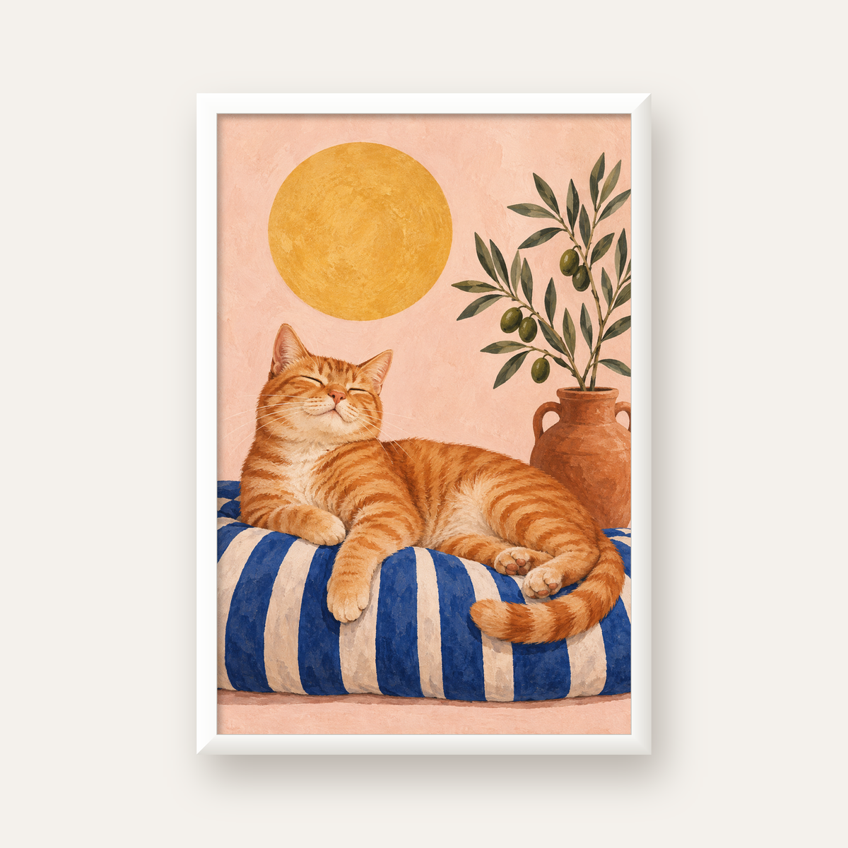 Güneşte Yatan Sarman Kedi Yağlı Boya Tarzı Poster — beyaz çerçeveli dikey poster