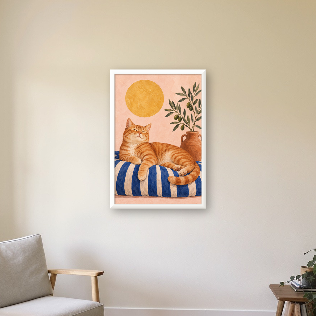 Güneşte Yatan Sarman Kedi Yağlı Boya Tarzı Poster — beyaz çerçeveli dikey poster
