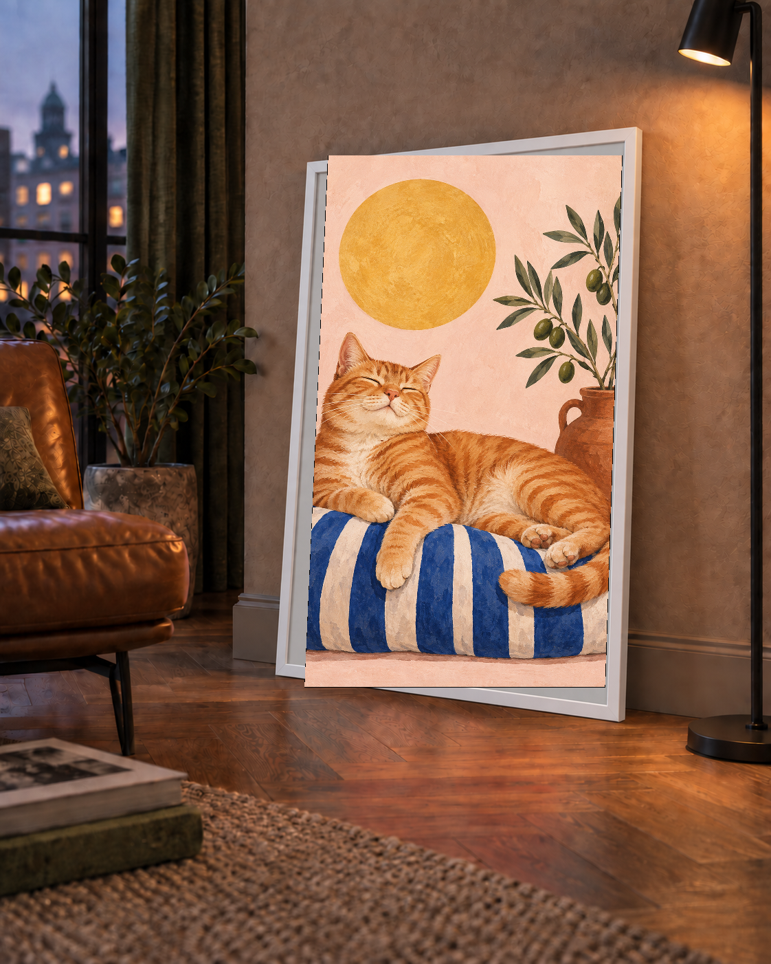 Güneşte Yatan Sarman Kedi Yağlı Boya Tarzı Poster