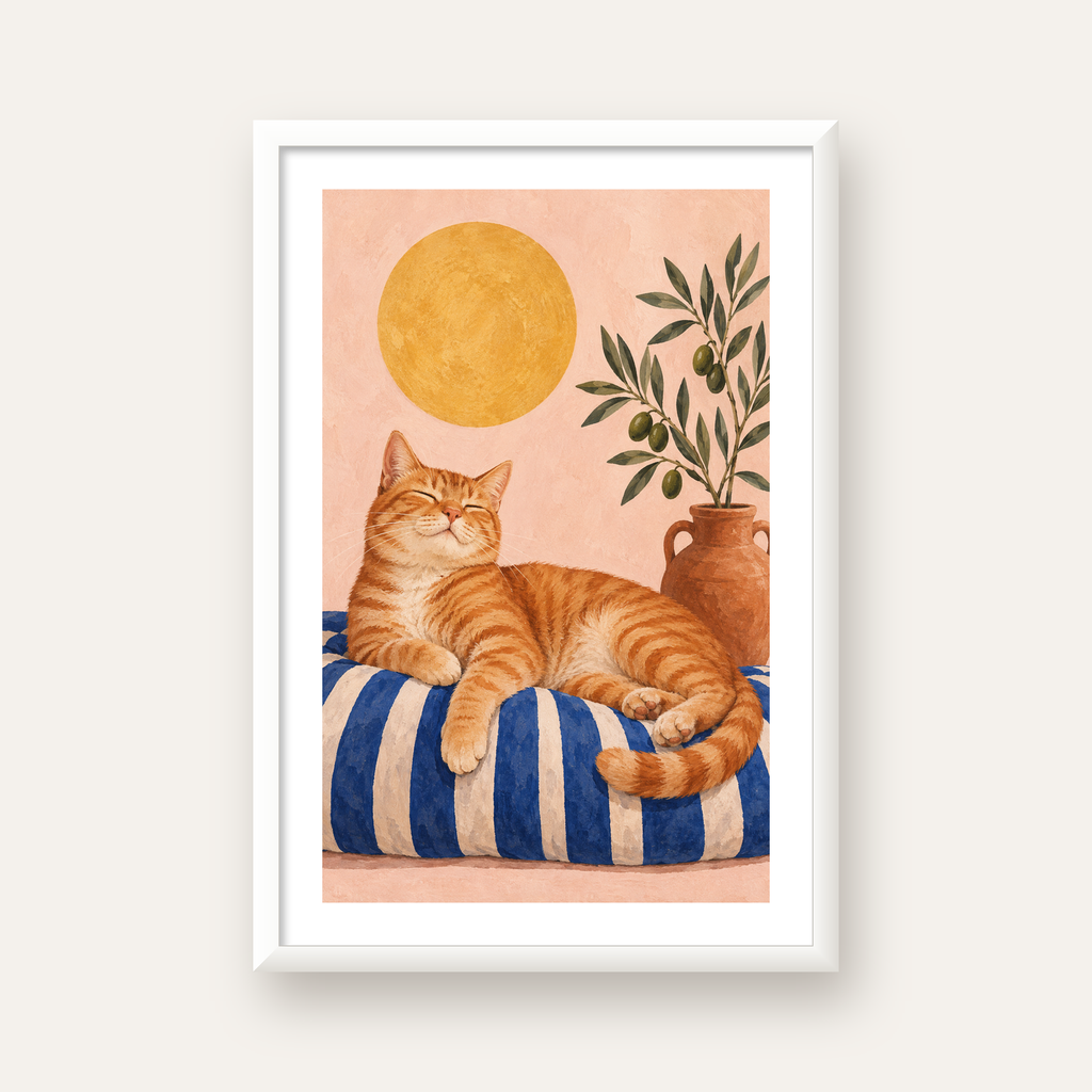 Güneşte Yatan Sarman Kedi Yağlı Boya Tarzı Poster — beyaz çerçeveli dikey poster