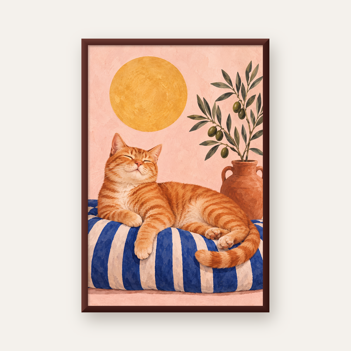 Güneşte Yatan Sarman Kedi Yağlı Boya Tarzı Poster — ceviz çerçeveli