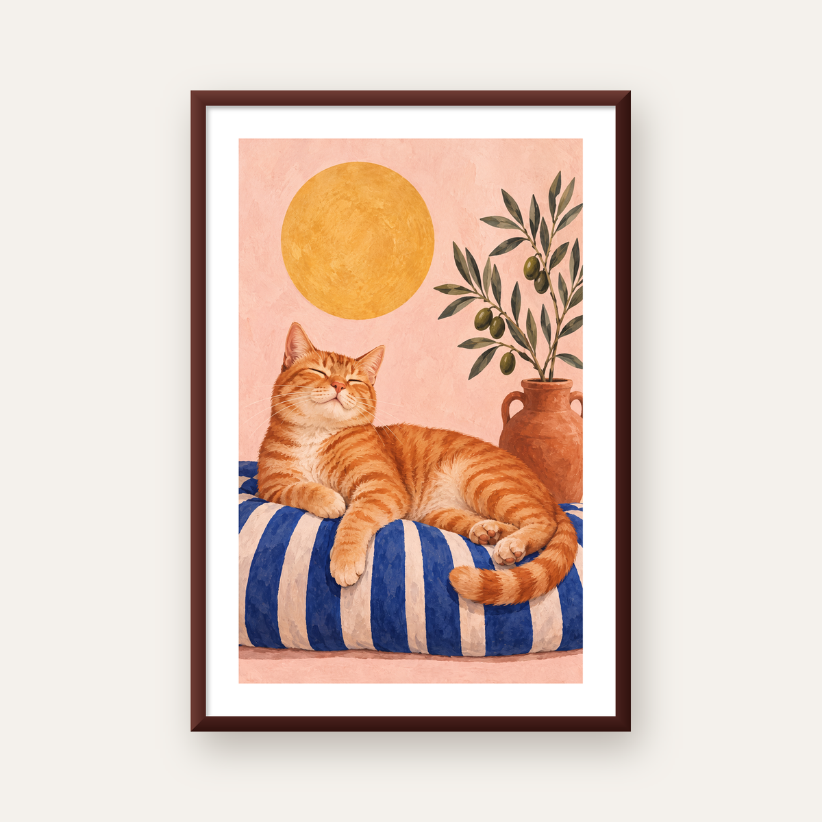 Güneşte Yatan Sarman Kedi Yağlı Boya Tarzı Poster — ceviz çerçeveli paspartulu