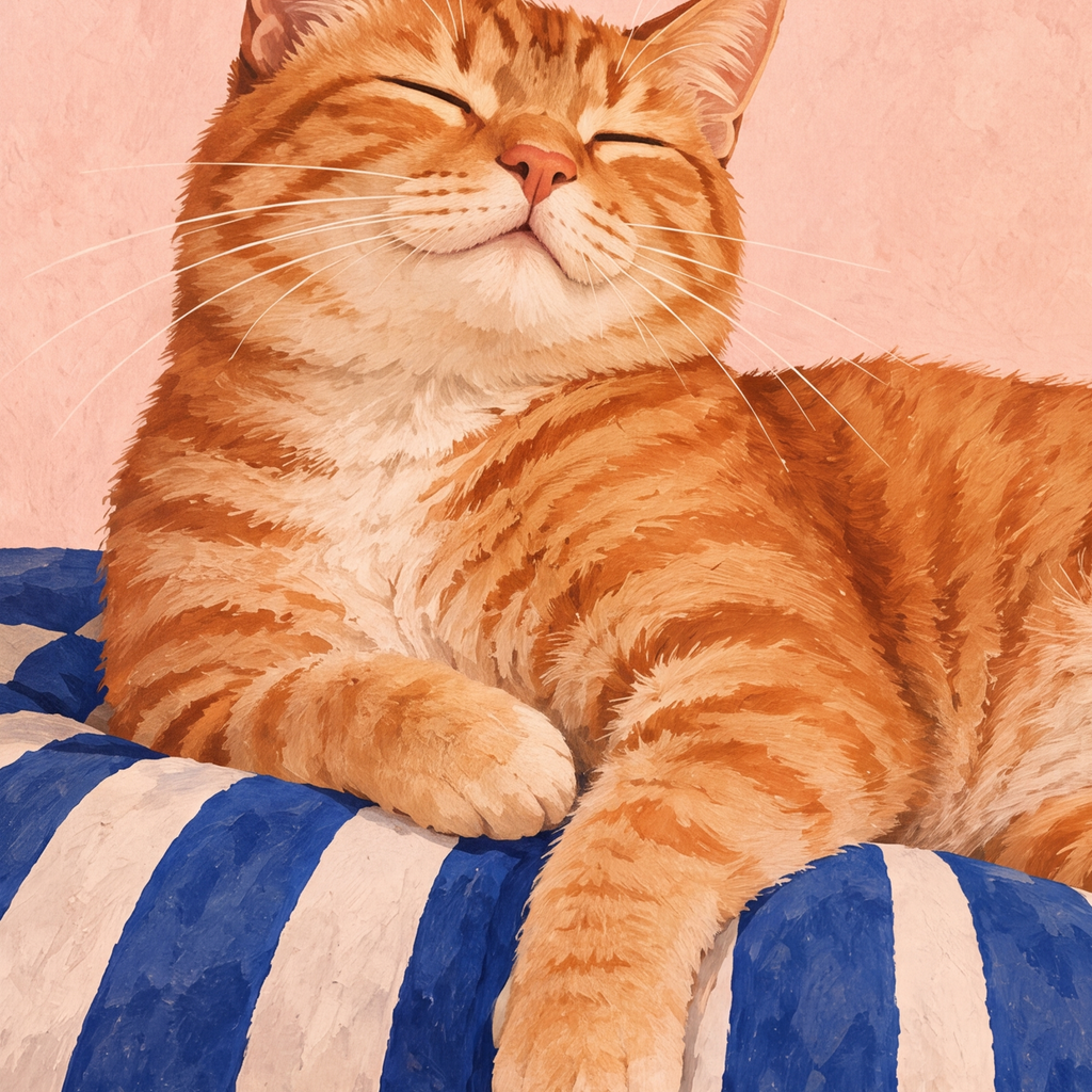 Güneşte Yatan Sarman Kedi Yağlı Boya Tarzı Poster — baskının yakın çekimi, kâğıt dokusu ve renk detayı