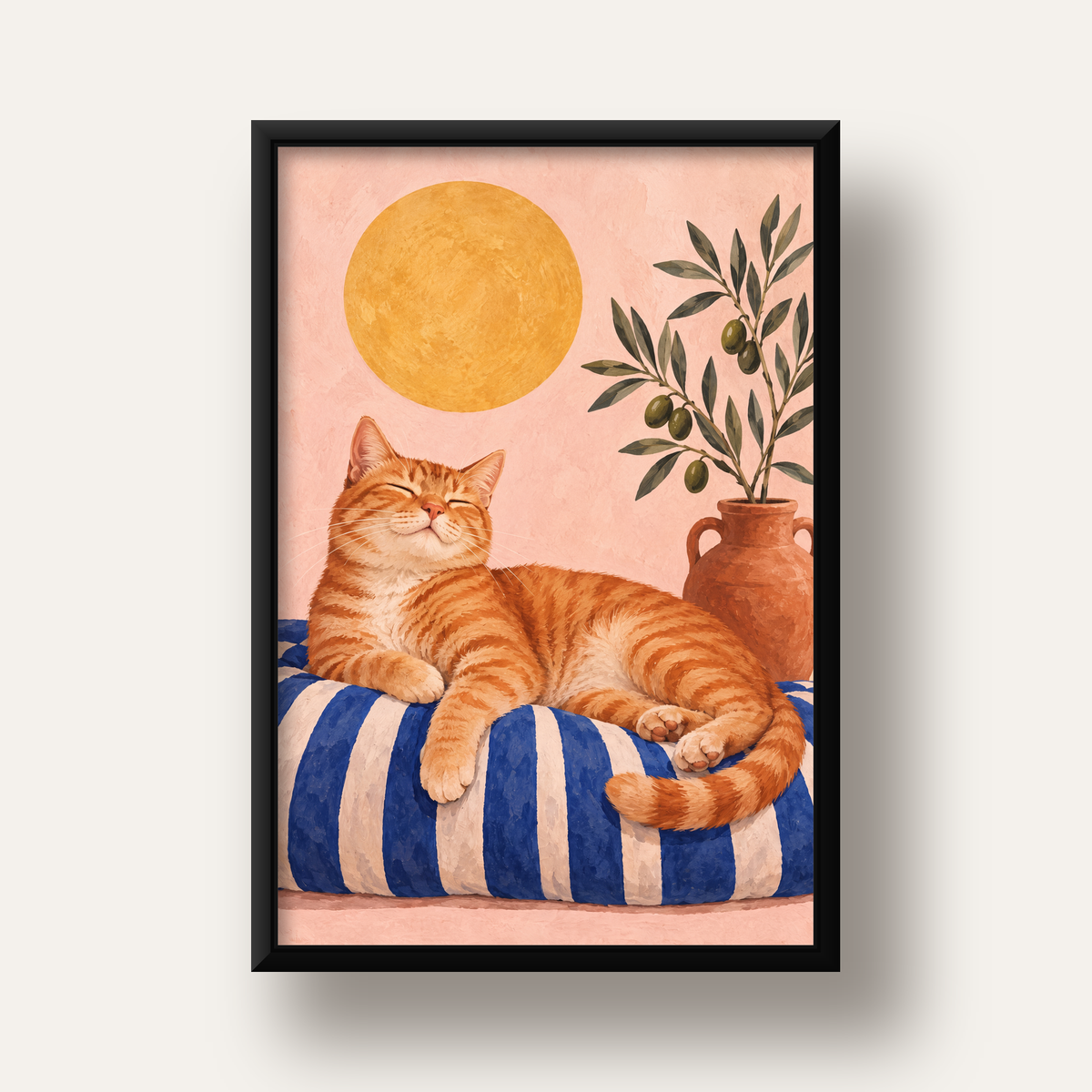 Güneşte Yatan Sarman Kedi Yağlı Boya Tarzı Poster — siyah derin çerçeveli