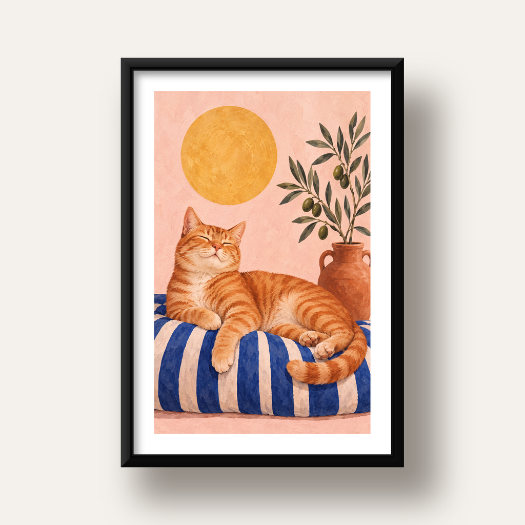 Güneşte Yatan Sarman Kedi Yağlı Boya Tarzı Poster — siyah derin çerçeveli paspartulu
