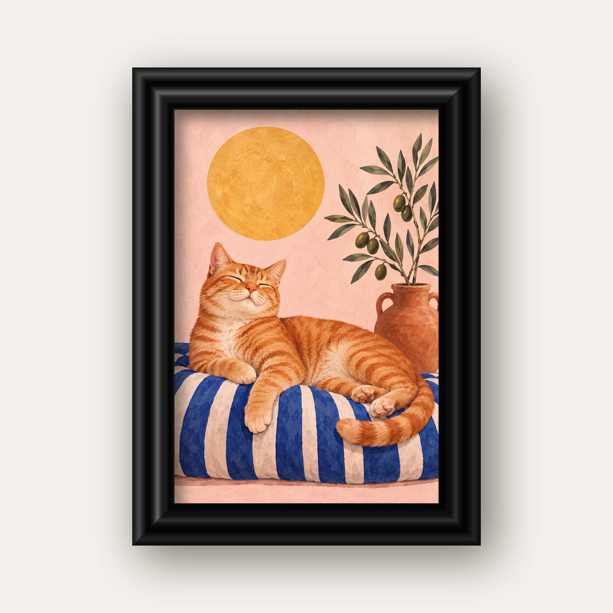 Güneşte Yatan Sarman Kedi Yağlı Boya Tarzı Poster — siyah galeri çerçeveli
