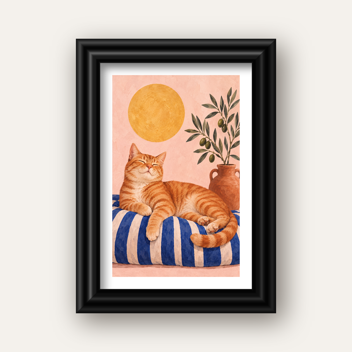 Güneşte Yatan Sarman Kedi Yağlı Boya Tarzı Poster — siyah galeri çerçeveli paspartulu