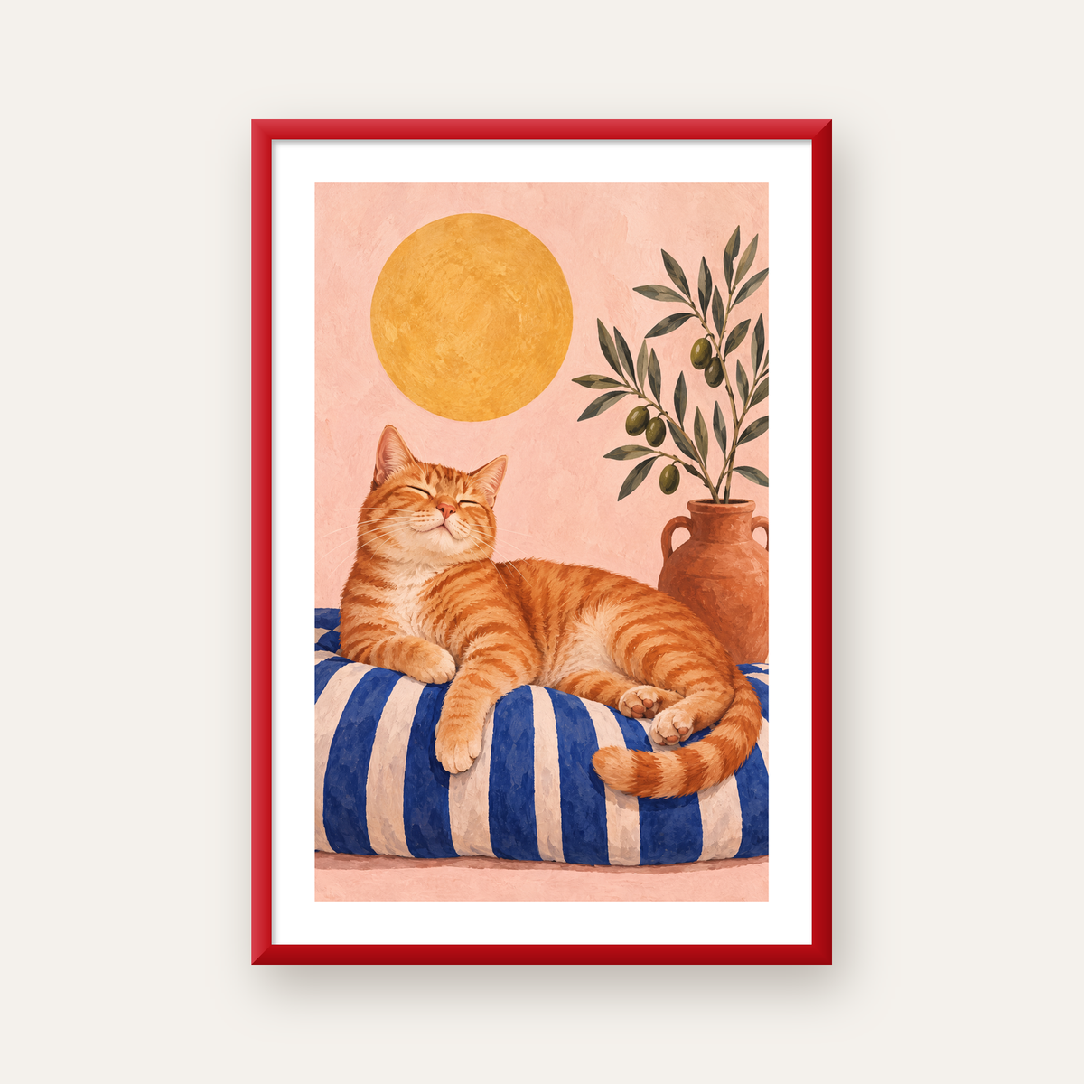 Güneşte Yatan Sarman Kedi Yağlı Boya Tarzı Poster — kırmızı çerçeveli paspartulu