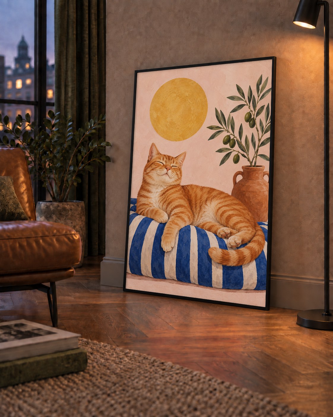 Güneşte Yatan Sarman Kedi Yağlı Boya Tarzı Poster — çerçeveli hâliyle bir ev duvarında