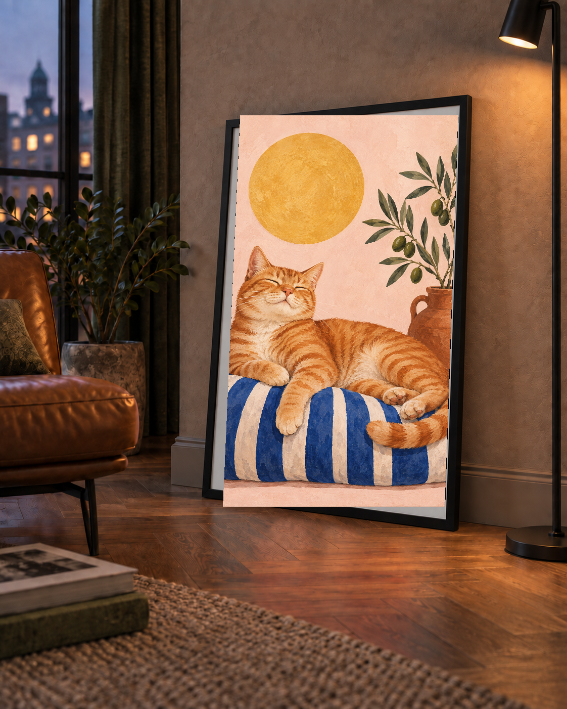 Güneşte Yatan Sarman Kedi Yağlı Boya Tarzı Poster