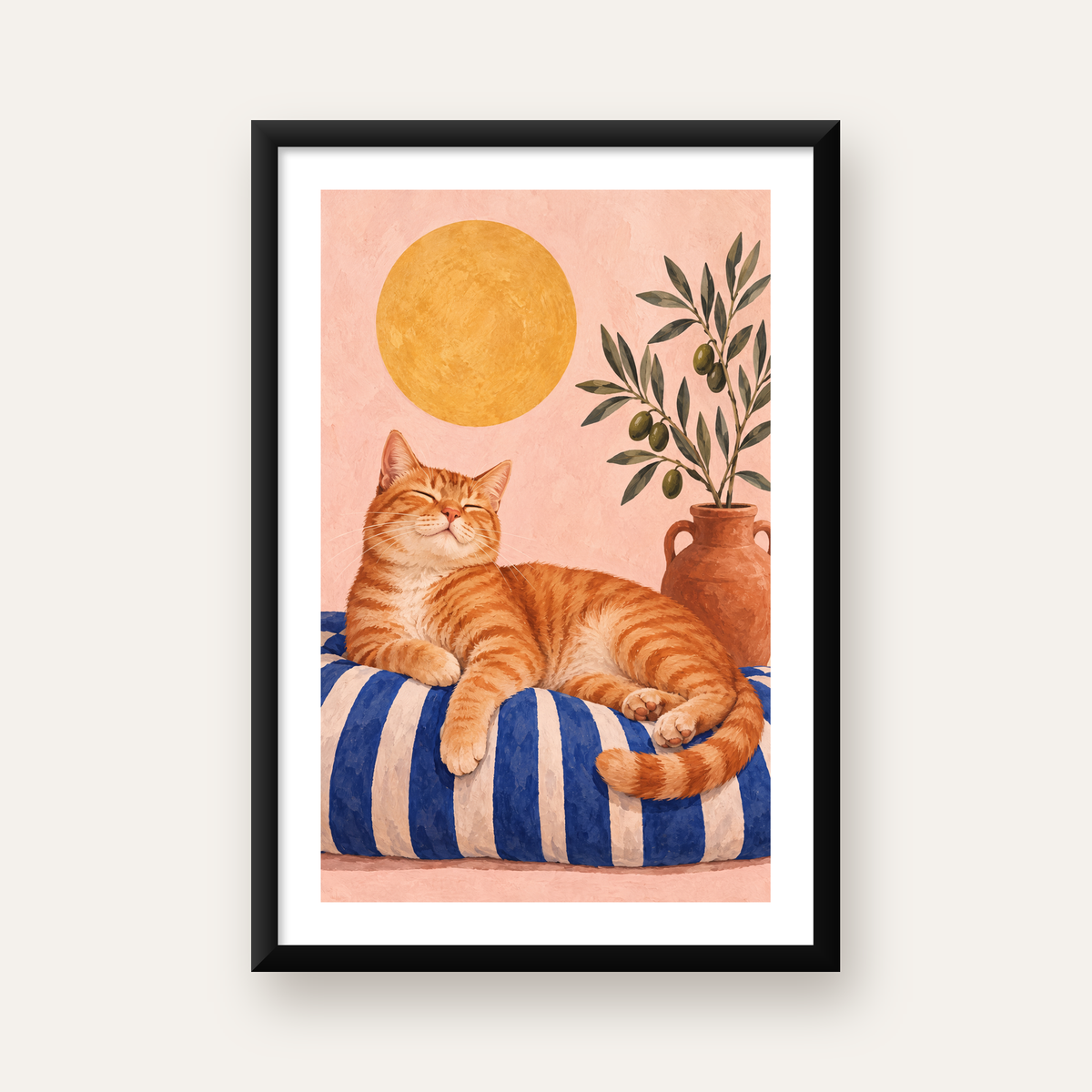 Güneşte Yatan Sarman Kedi Yağlı Boya Tarzı Poster — Dikey baskı, beyaz paspartulu