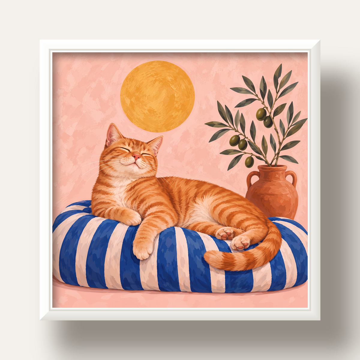Güneşte Yatan Sarman Kedi Yağlı Boya Tarzı Poster — beyaz derin çerçeveli