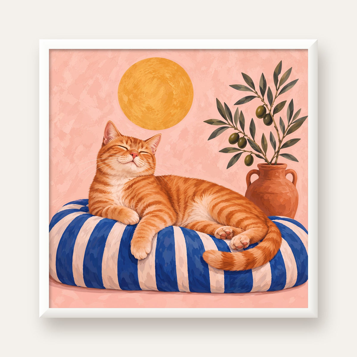 Güneşte Yatan Sarman Kedi Yağlı Boya Tarzı Poster — beyaz çerçeveli kare poster
