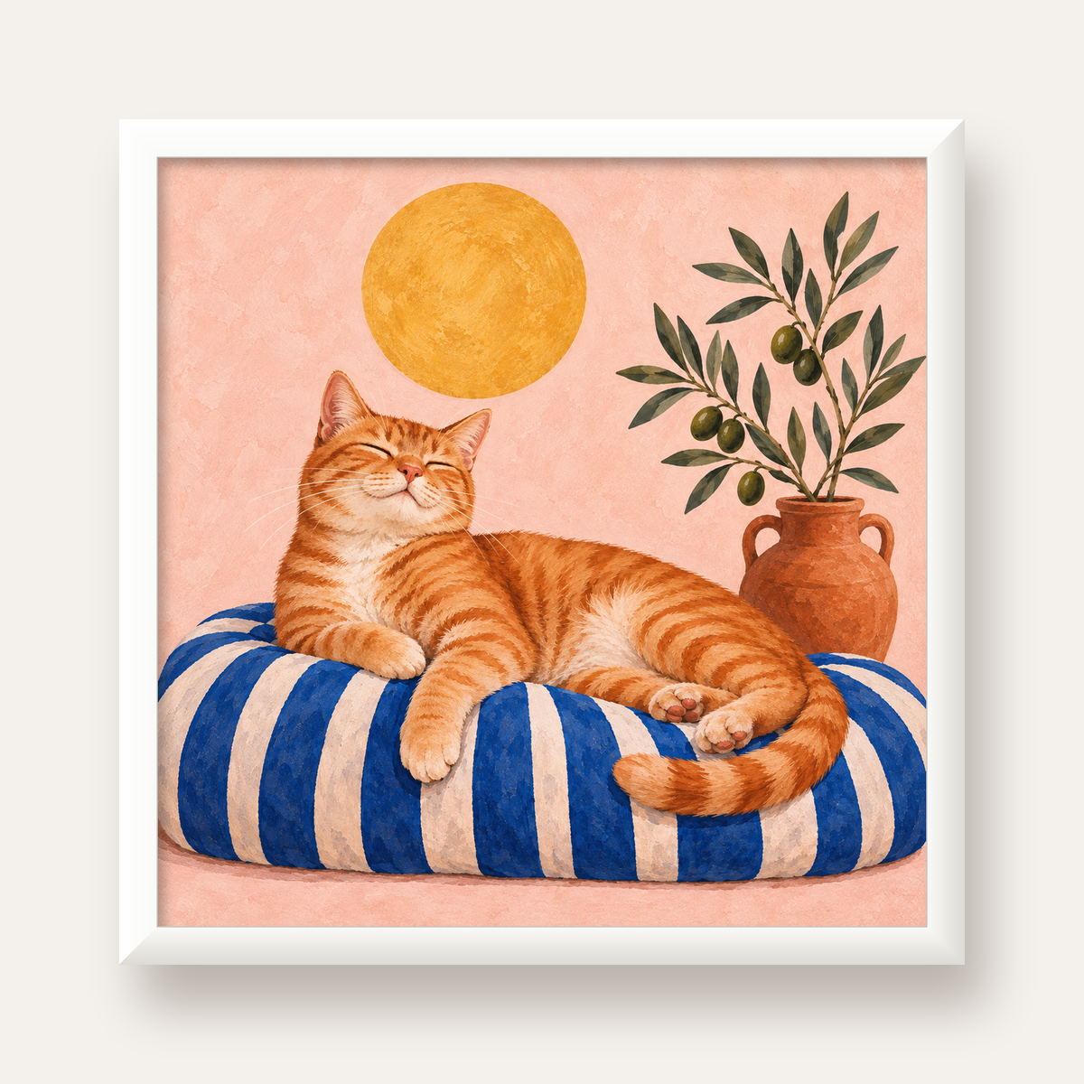 Güneşte Yatan Sarman Kedi Yağlı Boya Tarzı Poster — beyaz çerçeveli kare poster