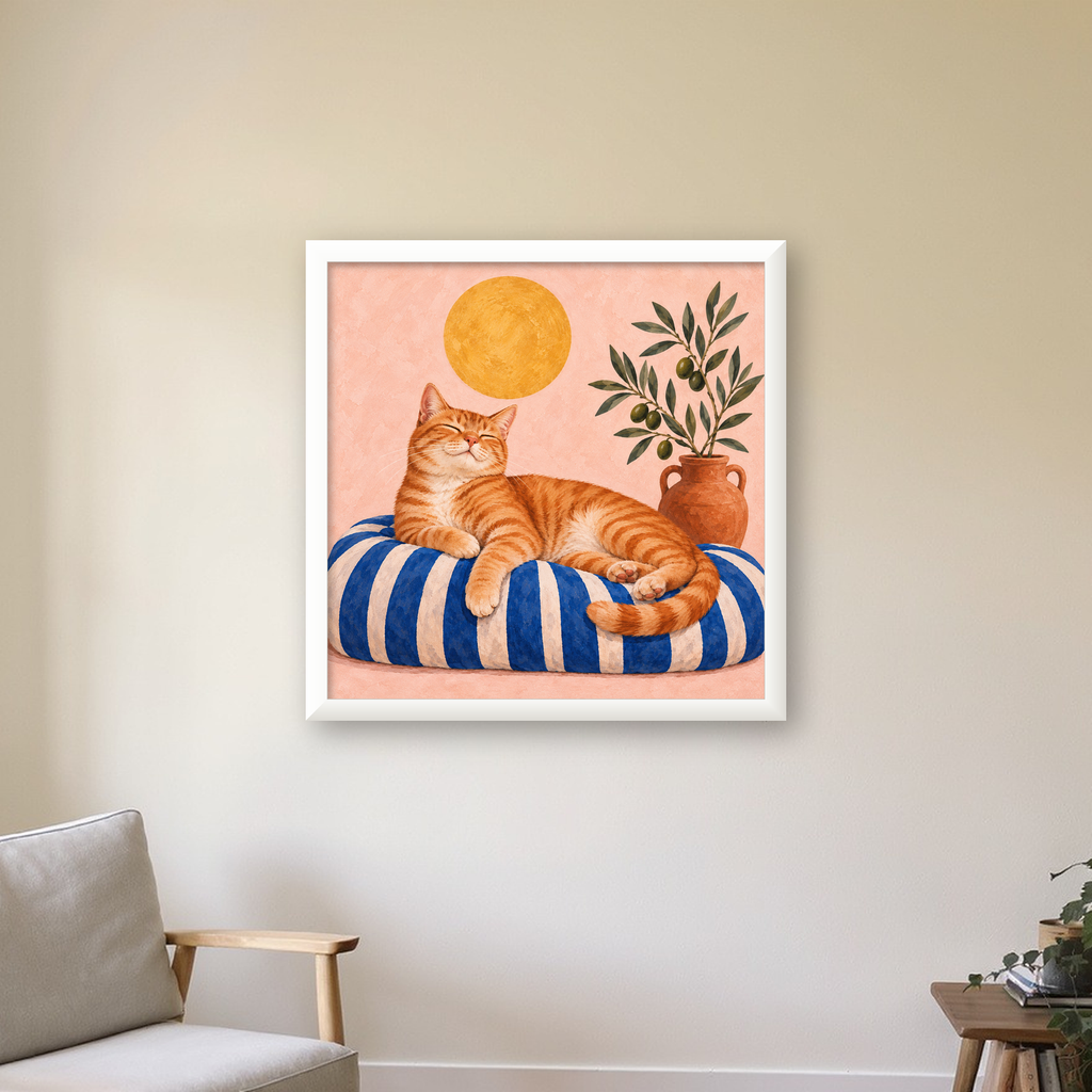 Güneşte Yatan Sarman Kedi Yağlı Boya Tarzı Poster — beyaz çerçeveli kare poster
