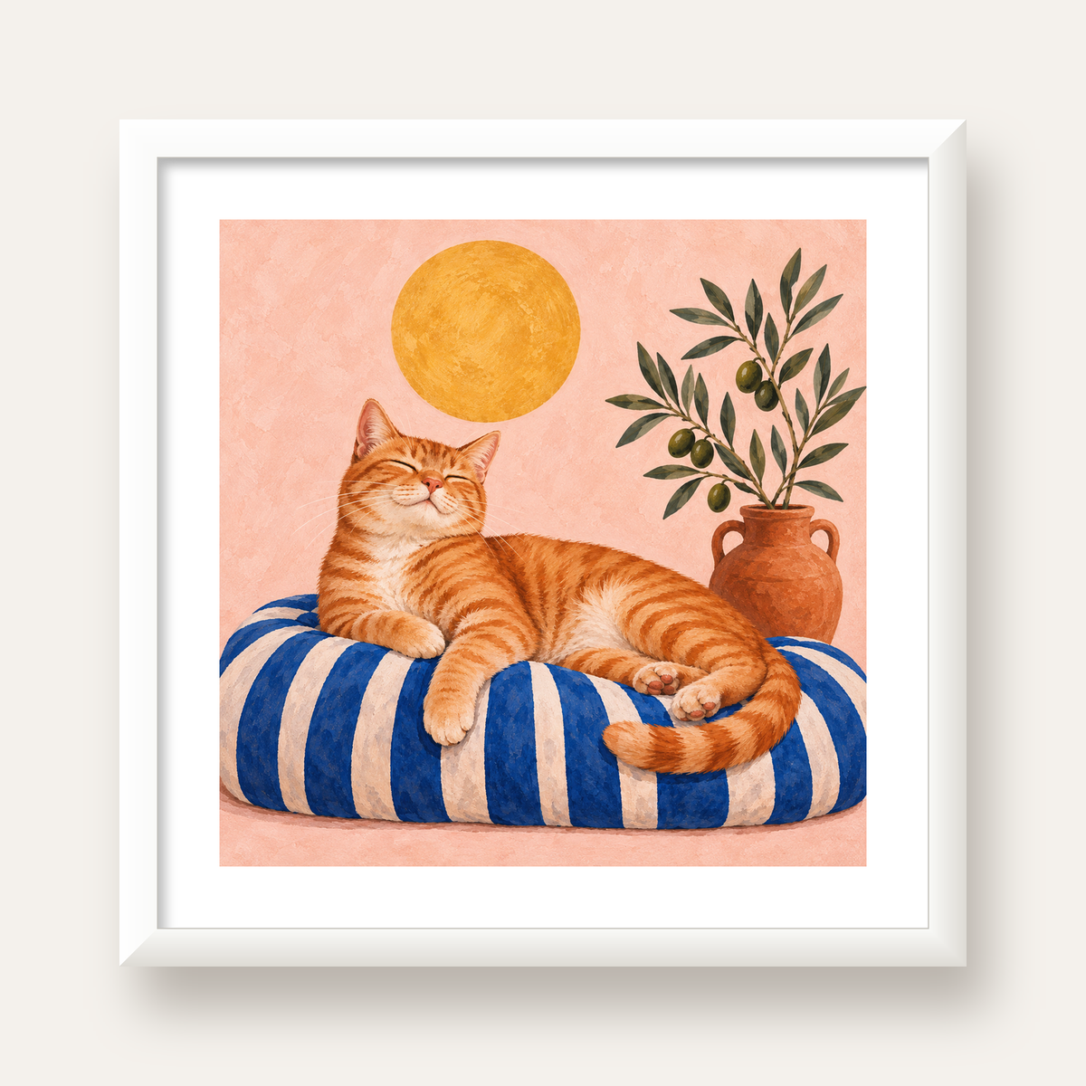 Güneşte Yatan Sarman Kedi Yağlı Boya Tarzı Poster — beyaz çerçeveli kare poster