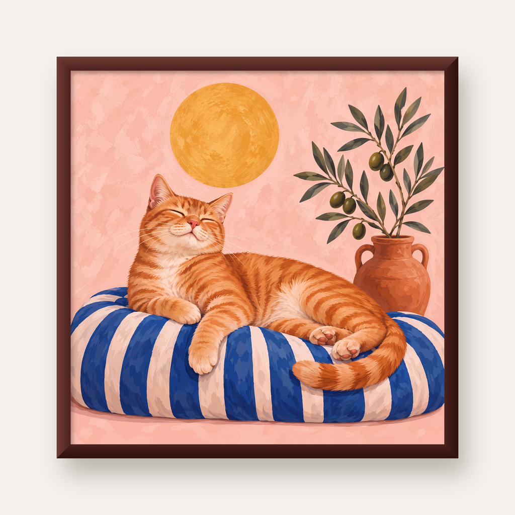 Güneşte Yatan Sarman Kedi Yağlı Boya Tarzı Poster — ceviz çerçeveli