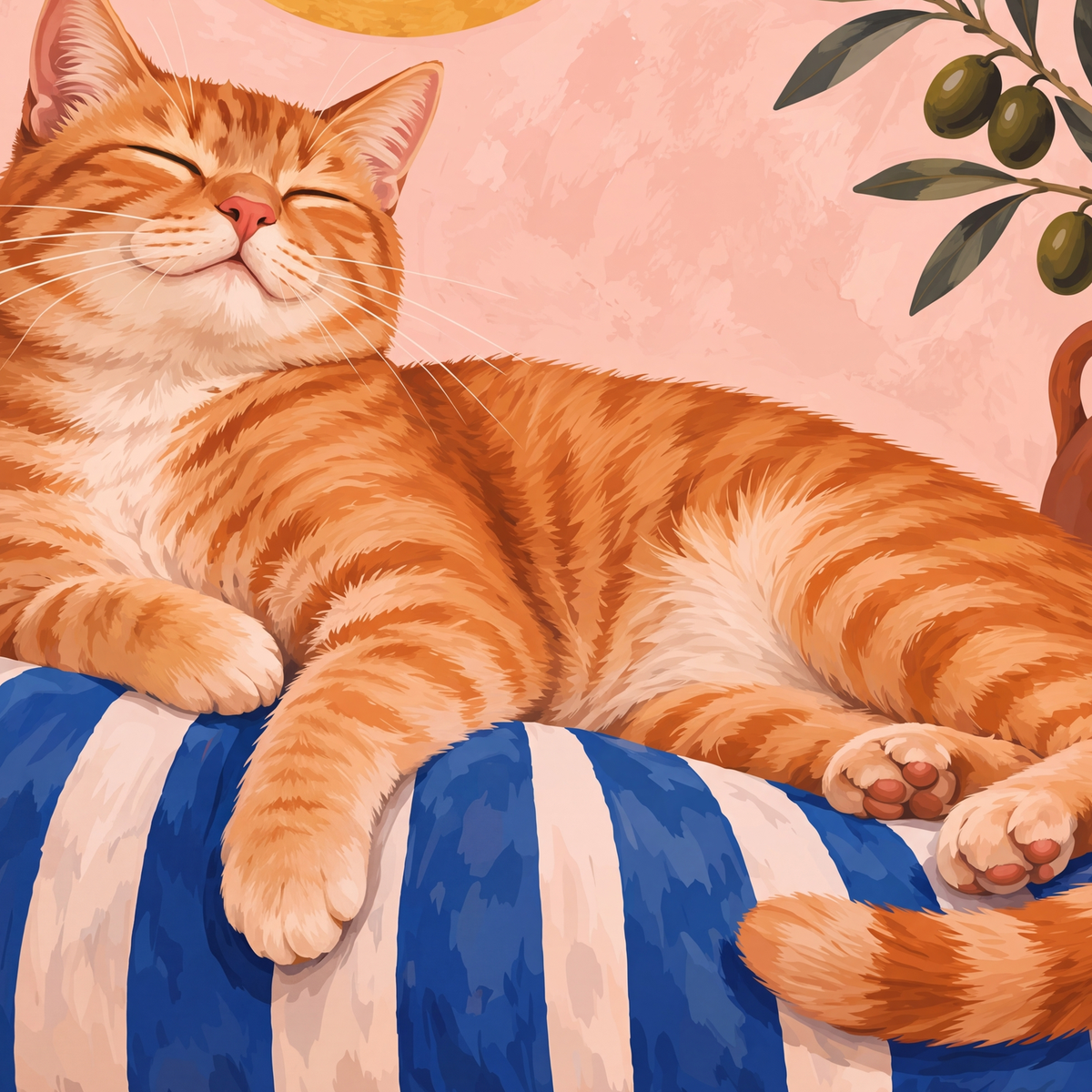 Güneşte Yatan Sarman Kedi Yağlı Boya Tarzı Poster — baskının yakın çekimi, kâğıt dokusu ve renk detayı