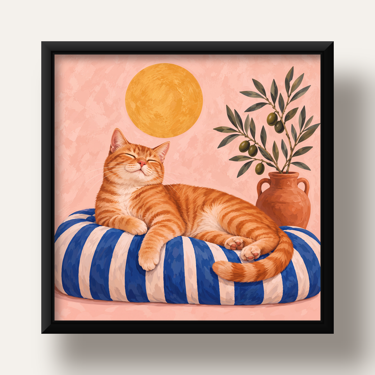 Güneşte Yatan Sarman Kedi Yağlı Boya Tarzı Poster — siyah derin çerçeveli