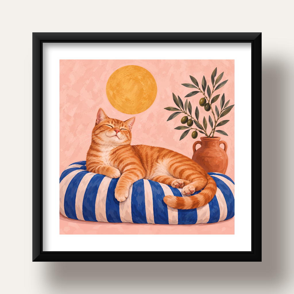 Güneşte Yatan Sarman Kedi Yağlı Boya Tarzı Poster — siyah derin çerçeveli paspartulu