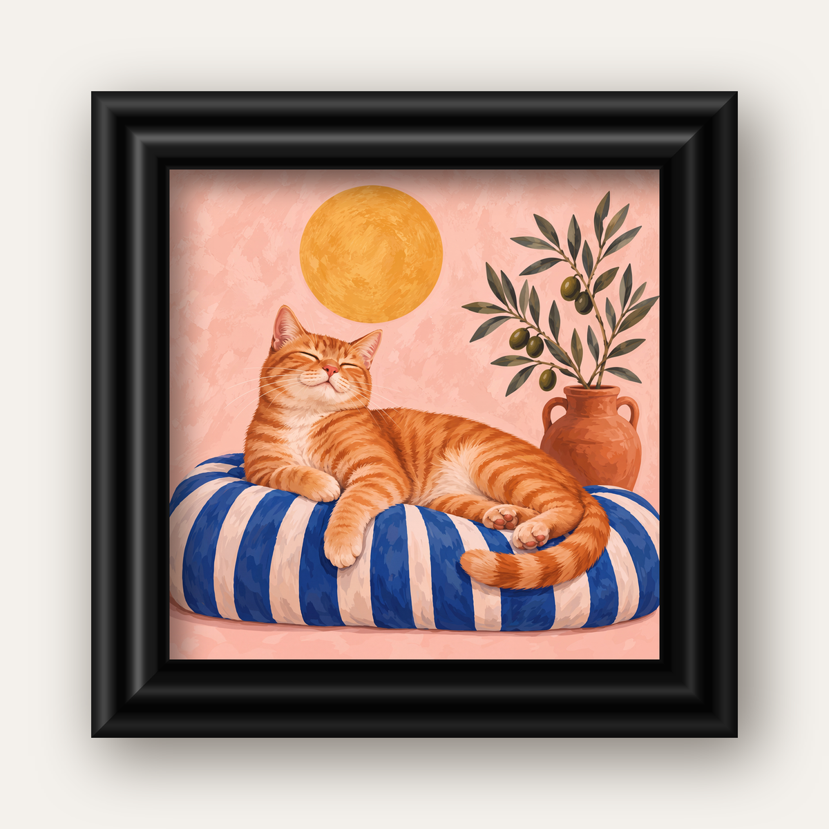 Güneşte Yatan Sarman Kedi Yağlı Boya Tarzı Poster — siyah galeri çerçeveli