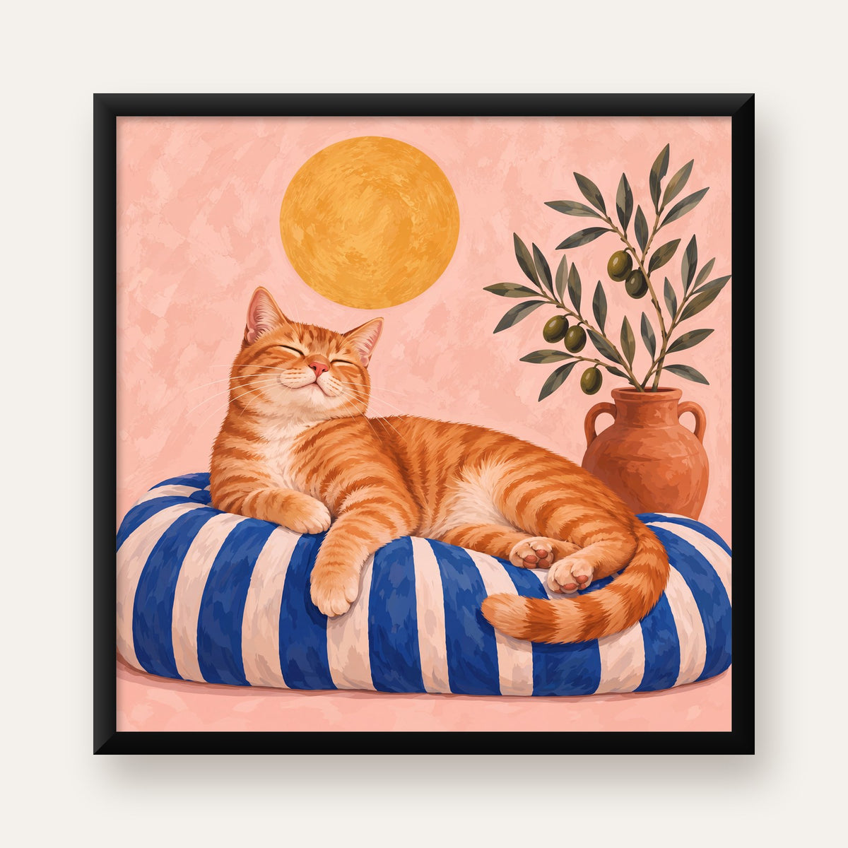 Güneşte Yatan Sarman Kedi Yağlı Boya Tarzı Poster — Kare baskı, düz siyah çerçeveli duvar posteri