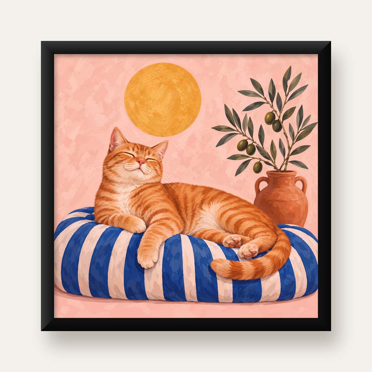 Güneşte Yatan Sarman Kedi Yağlı Boya Tarzı Poster — Kare baskı, düz siyah çerçeveli duvar posteri