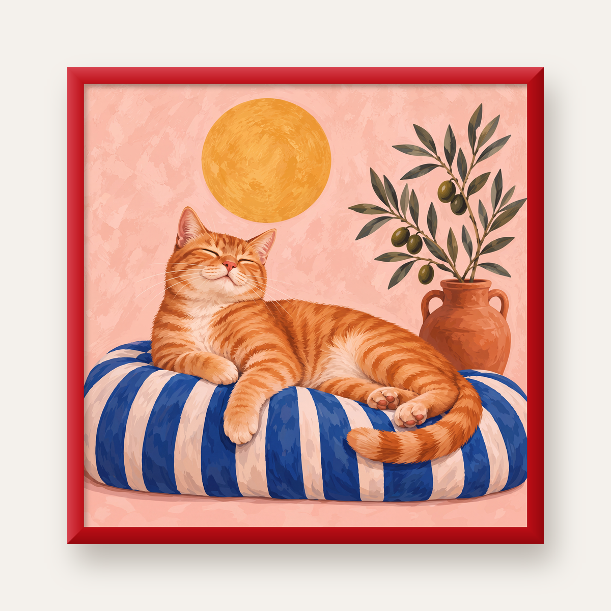 Güneşte Yatan Sarman Kedi Yağlı Boya Tarzı Poster — kırmızı çerçeveli