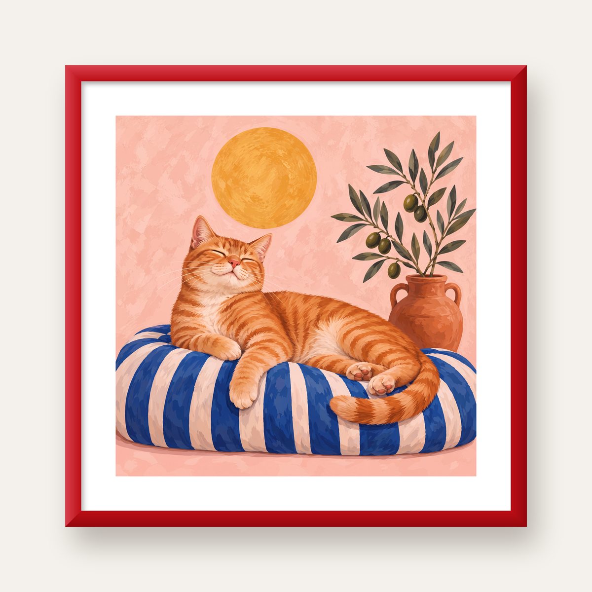 Güneşte Yatan Sarman Kedi Yağlı Boya Tarzı Poster — kırmızı çerçeveli paspartulu