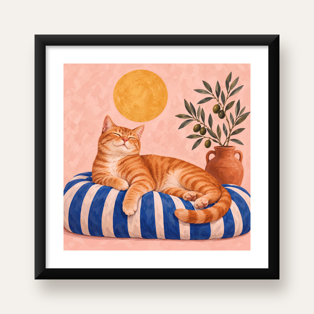 Güneşte Yatan Sarman Kedi Yağlı Boya Tarzı Poster — Kare baskı, beyaz paspartulu