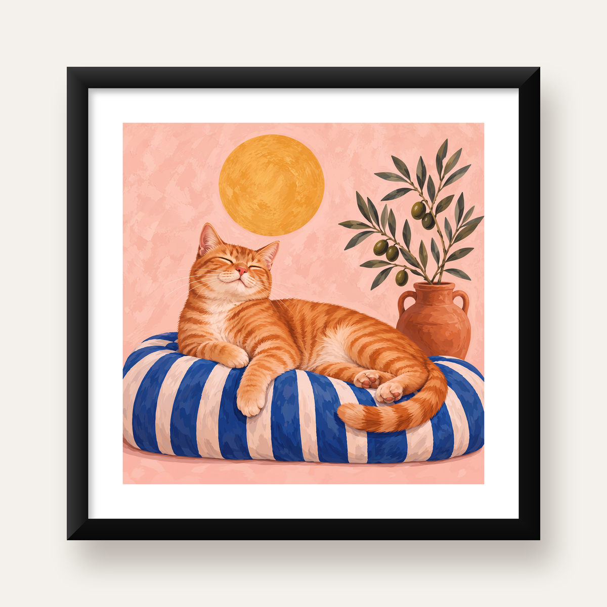 Güneşte Yatan Sarman Kedi Yağlı Boya Tarzı Poster — Kare baskı, beyaz paspartulu