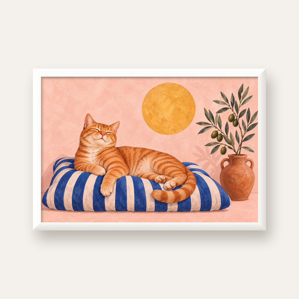 Güneşte Yatan Sarman Kedi Yağlı Boya Tarzı Poster — beyaz çerçeveli yatay poster