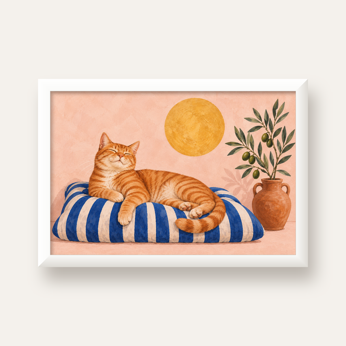 Güneşte Yatan Sarman Kedi Yağlı Boya Tarzı Poster — beyaz çerçeveli yatay poster