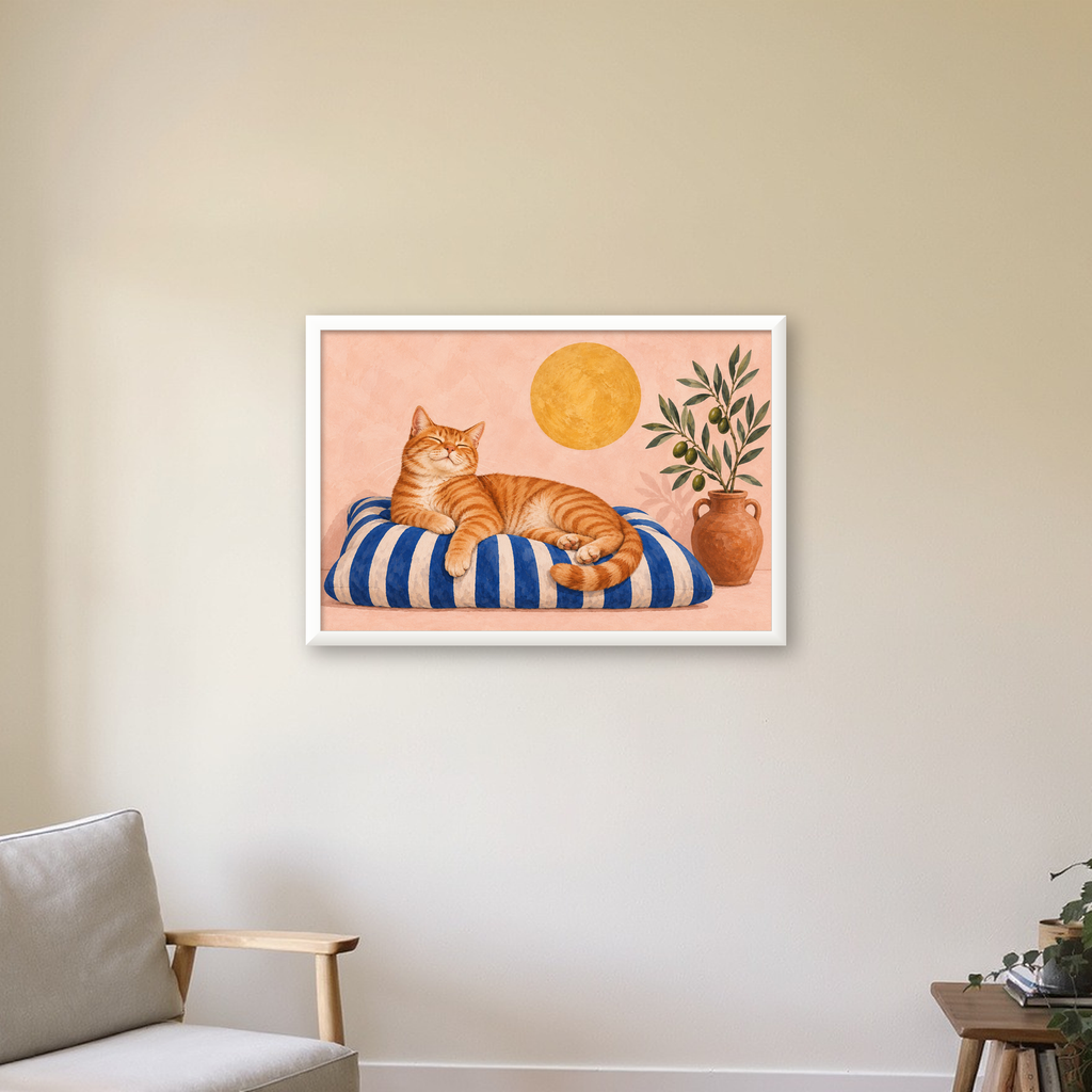 Güneşte Yatan Sarman Kedi Yağlı Boya Tarzı Poster — beyaz çerçeveli yatay poster