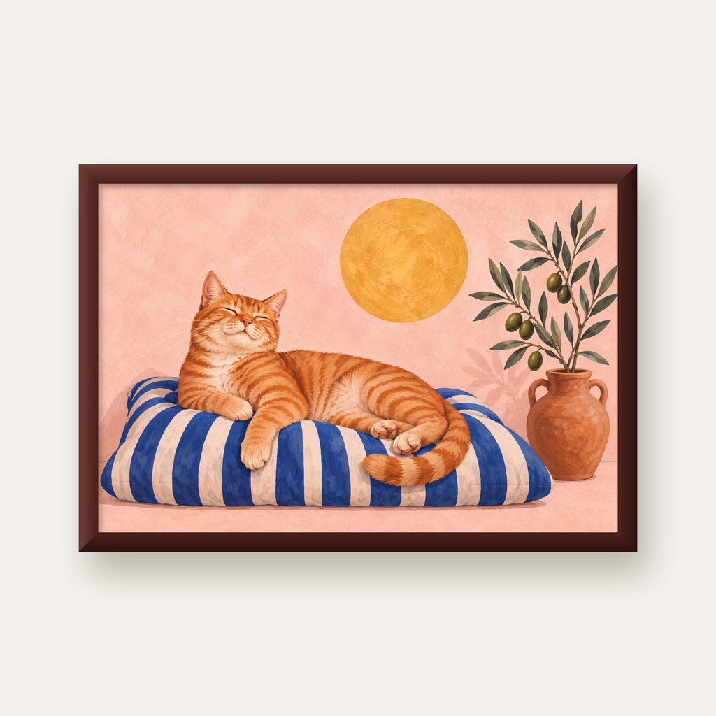 Güneşte Yatan Sarman Kedi Yağlı Boya Tarzı Poster — ceviz çerçeveli