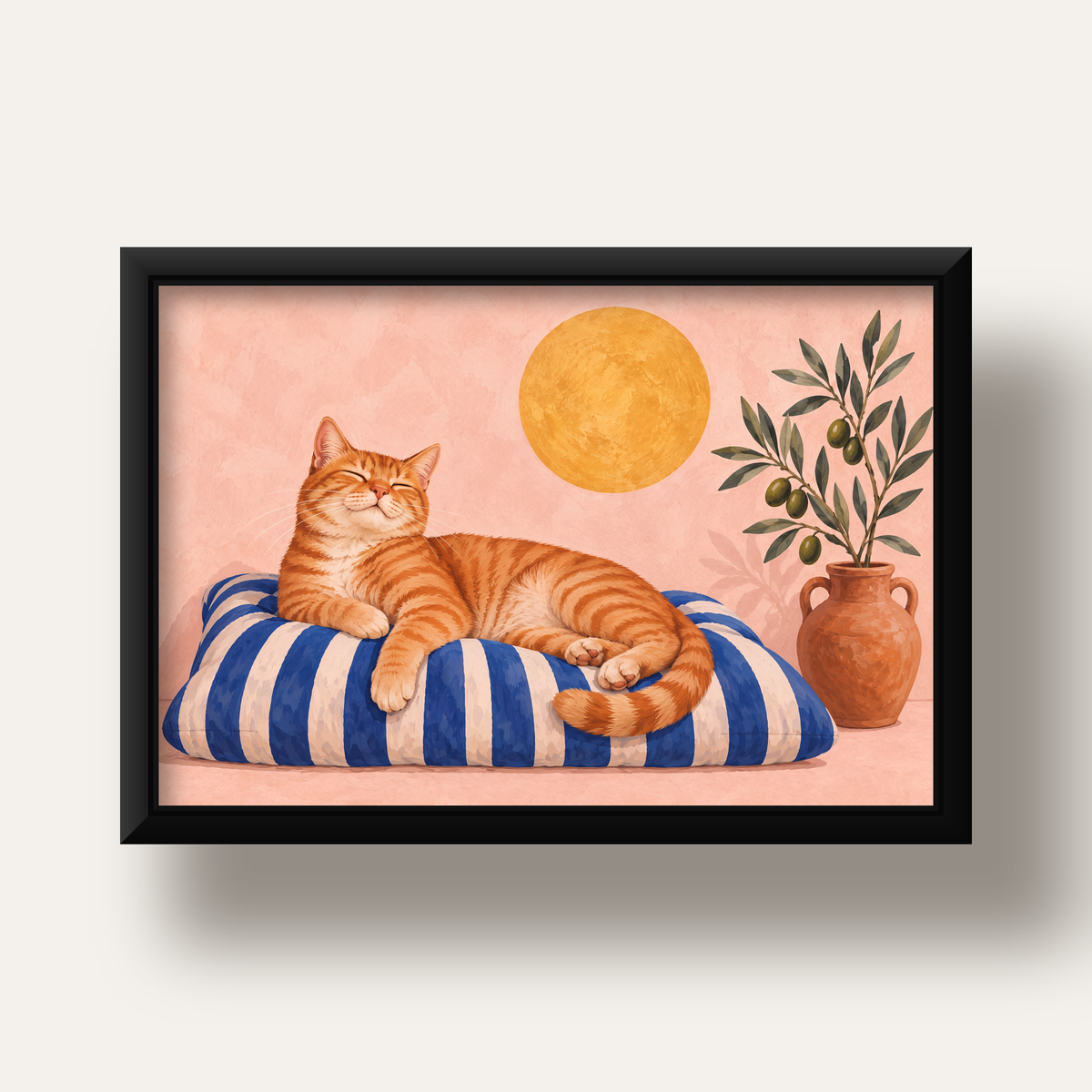 Güneşte Yatan Sarman Kedi Yağlı Boya Tarzı Poster — siyah derin çerçeveli