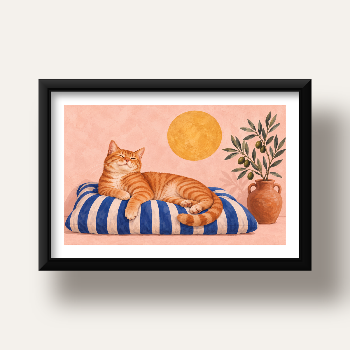 Güneşte Yatan Sarman Kedi Yağlı Boya Tarzı Poster — siyah derin çerçeveli paspartulu
