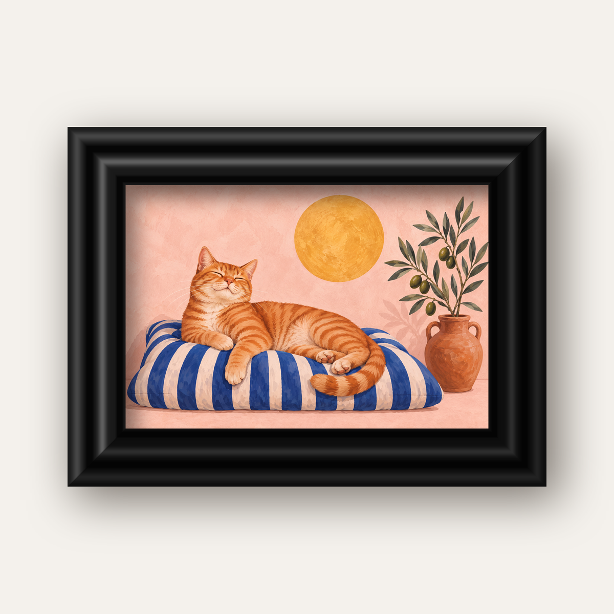 Güneşte Yatan Sarman Kedi Yağlı Boya Tarzı Poster — siyah galeri çerçeveli