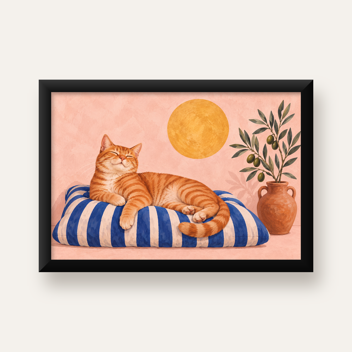 Güneşte Yatan Sarman Kedi Yağlı Boya Tarzı Poster — Yatay baskı, düz siyah çerçeveli duvar posteri