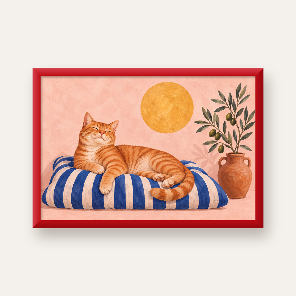 Güneşte Yatan Sarman Kedi Yağlı Boya Tarzı Poster — kırmızı çerçeveli