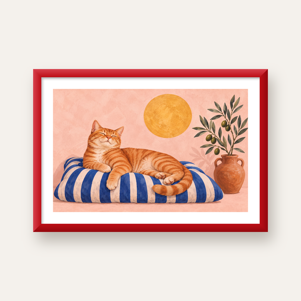 Güneşte Yatan Sarman Kedi Yağlı Boya Tarzı Poster — kırmızı çerçeveli paspartulu