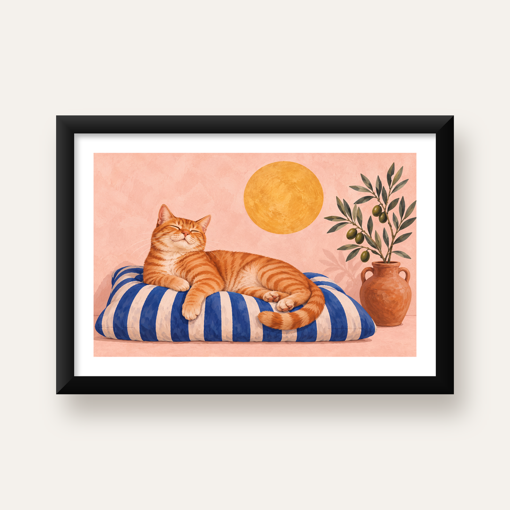 Güneşte Yatan Sarman Kedi Yağlı Boya Tarzı Poster — Yatay baskı, beyaz paspartulu