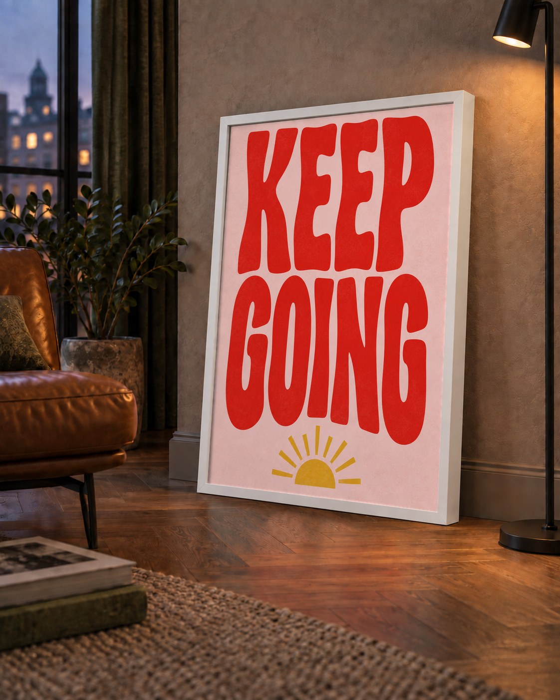 KEEP GOING Motive Edici Modern Poster – Güneşli ve Renkli — çerçeveli hâliyle bir ev duvarında