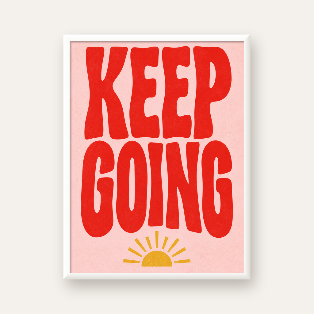 KEEP GOING Motive Edici Modern Poster – Güneşli ve Renkli — beyaz çerçeveli dikey poster