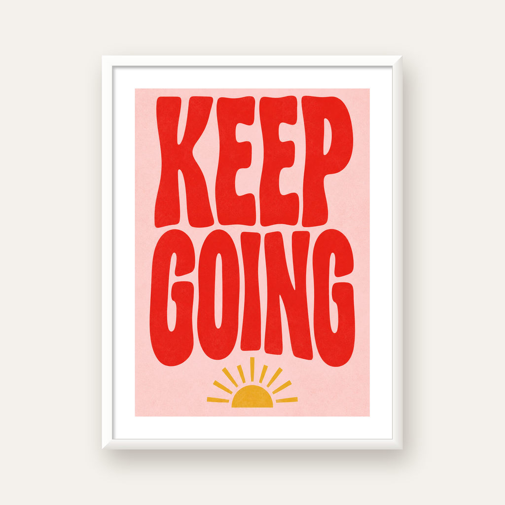 KEEP GOING Motive Edici Modern Poster – Güneşli ve Renkli — beyaz çerçeveli dikey poster