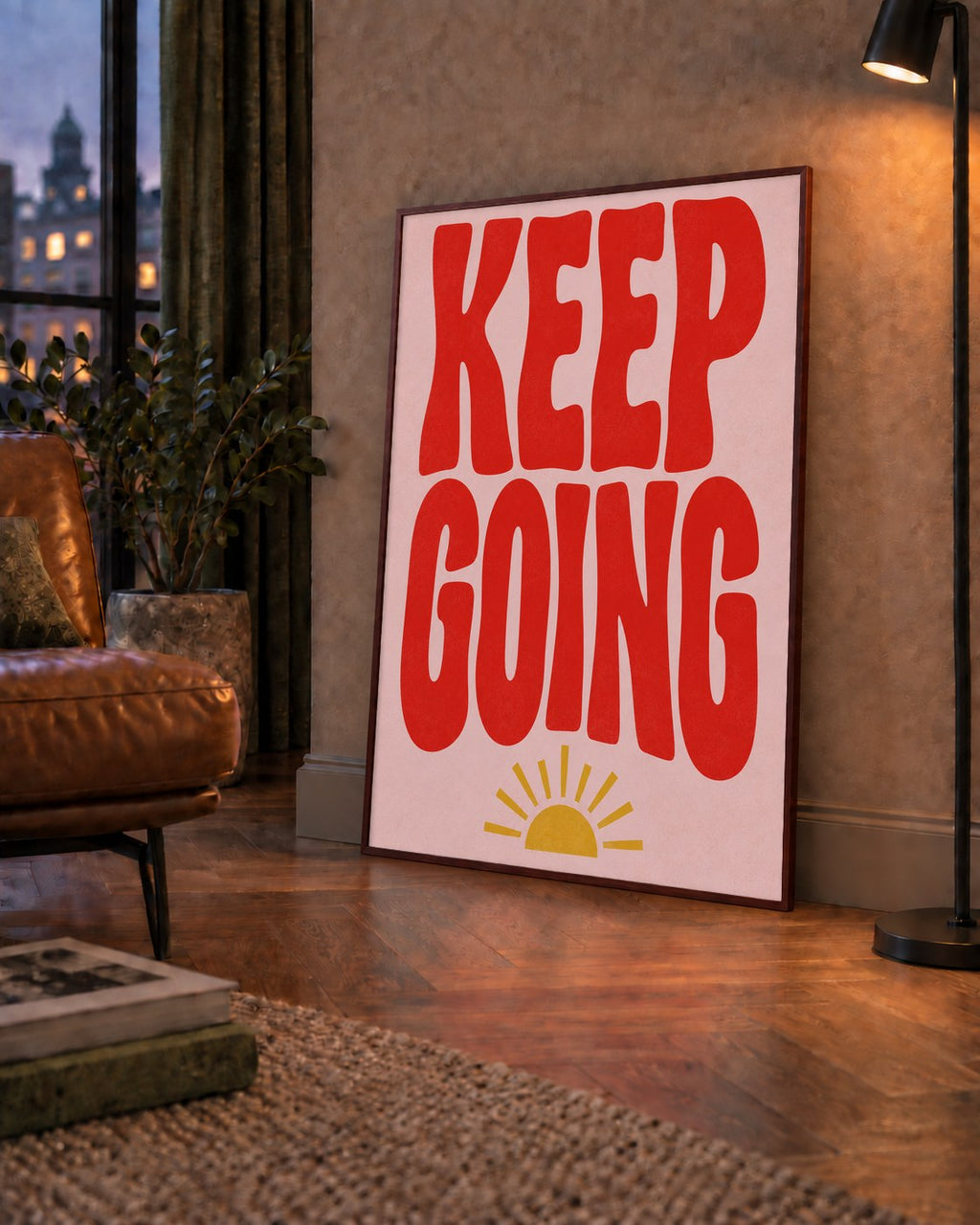 KEEP GOING Motive Edici Modern Poster – Güneşli ve Renkli — çerçeveli hâliyle bir ev duvarında