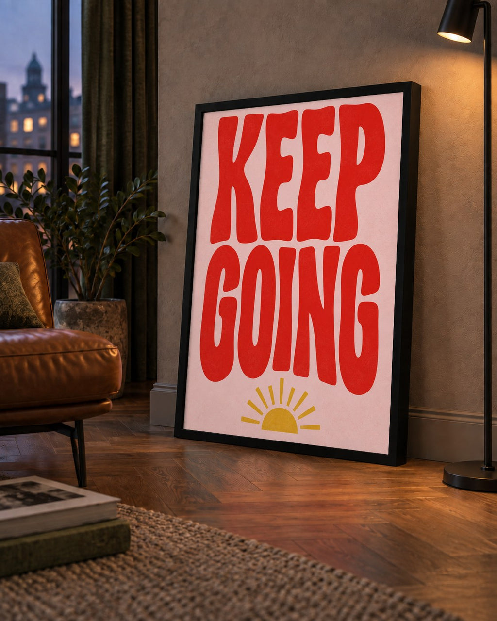 KEEP GOING Motive Edici Modern Poster – Güneşli ve Renkli — çerçeveli hâliyle bir ev duvarında
