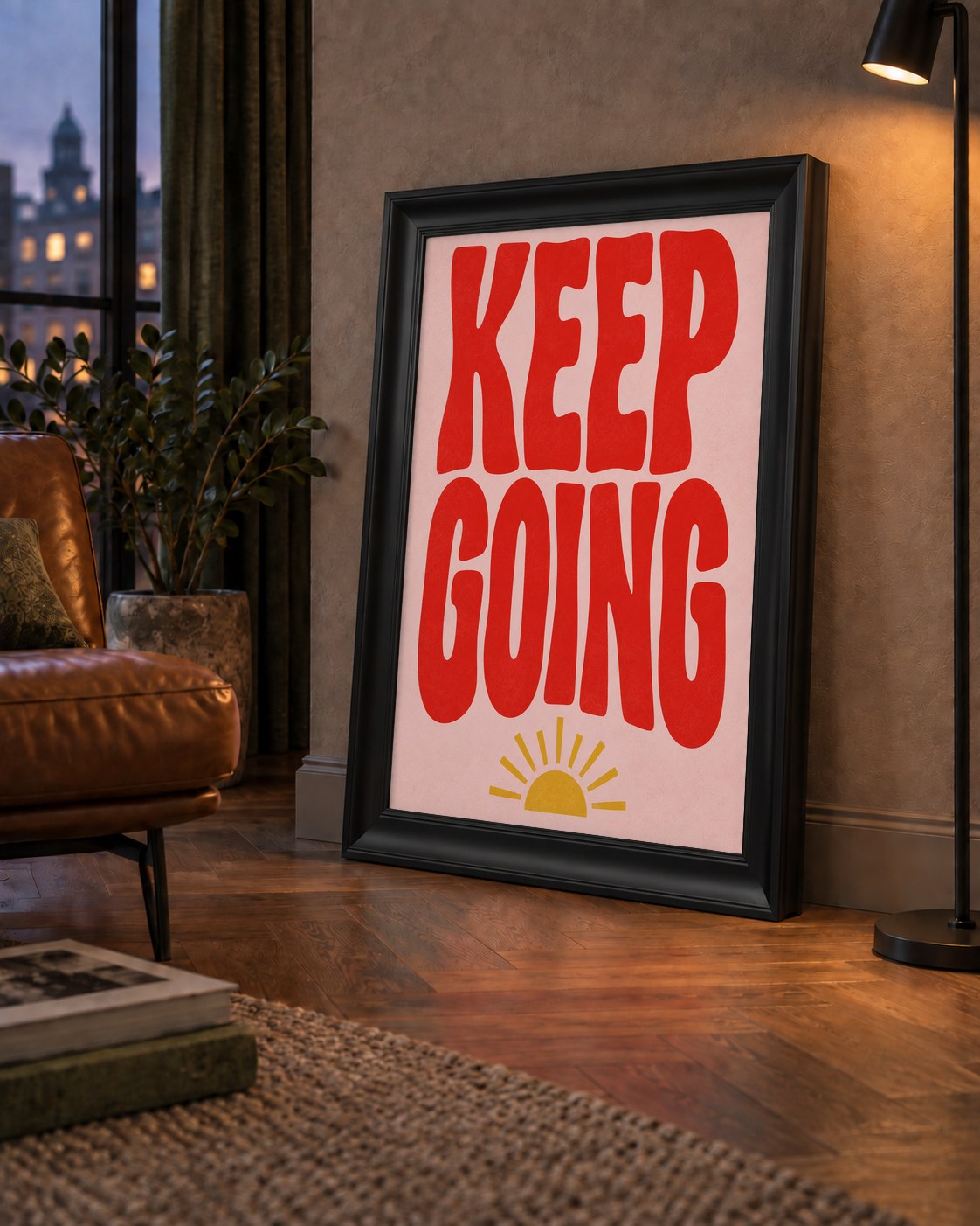 KEEP GOING Motive Edici Modern Poster – Güneşli ve Renkli — çerçeveli hâliyle bir ev duvarında