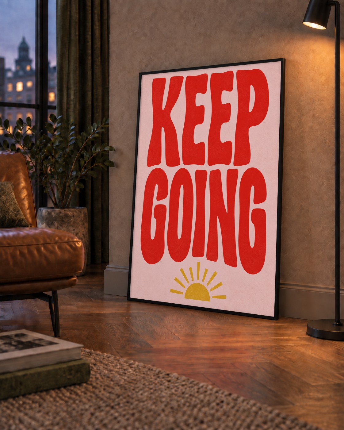 KEEP GOING Motive Edici Modern Poster – Güneşli ve Renkli — çerçeveli hâliyle bir ev duvarında